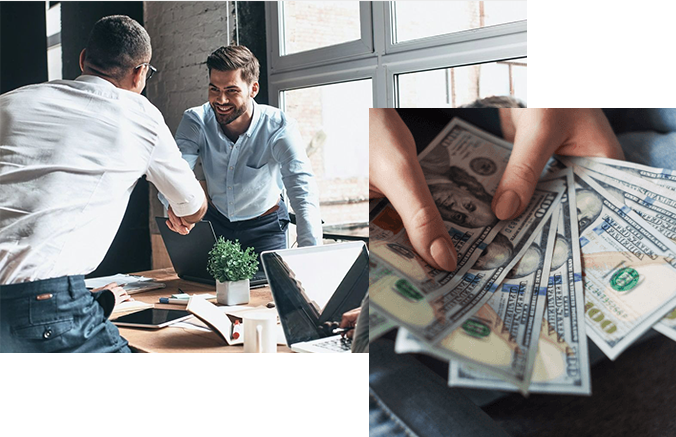 Two men shaking hands over a table with money.